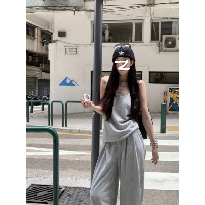 2024年夏季新款设计感小众宽松套装背心吊带+休闲拖地阔腿长裤女