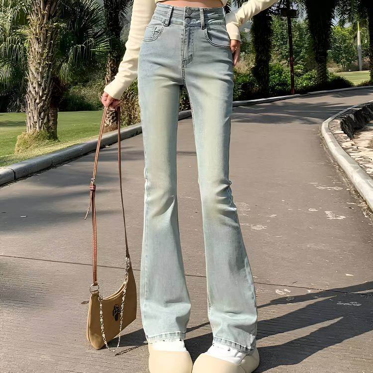 559时尚微喇高腰喇叭牛仔裤裤子女春秋新款弹力喇叭裤儿童开叉