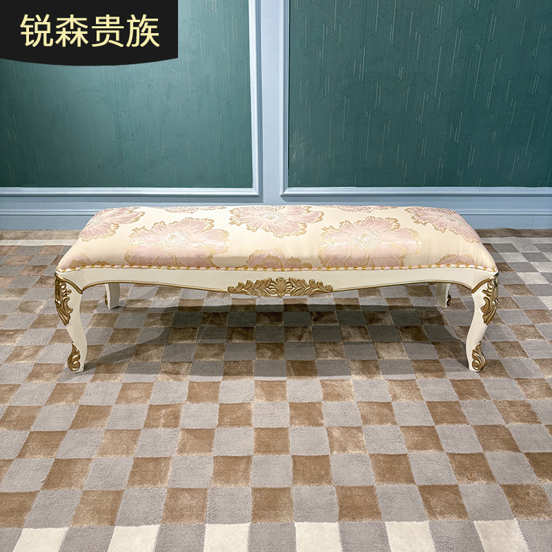 法式床尾凳 欧式布艺床尾凳宫廷奢华实木雕花卧室粉色布床尾凳