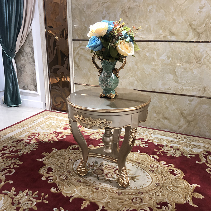 法式实木小茶几 欧式奢华客厅沙发边几实木雕花小圆几 小户型边桌