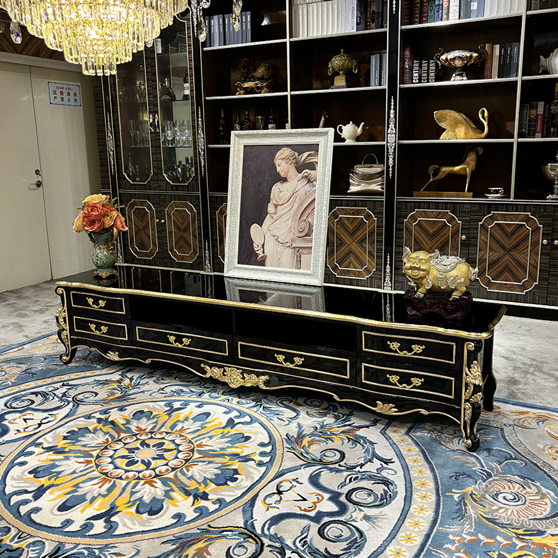 法式实木电视柜 欧式新古典小户型客厅背景柜实木卧室酒红色地柜