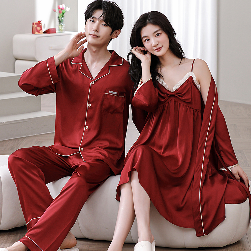 情侣睡衣红色冰丝春秋长袖女结婚男本命年新款性感薄款家居服套装