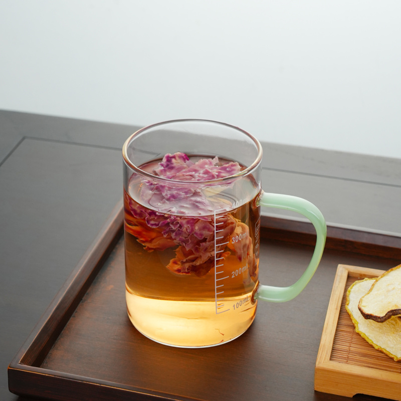 暗香疏影/松风杯/高硼硅耐热玻璃家用绿茶杯带刻度带把手