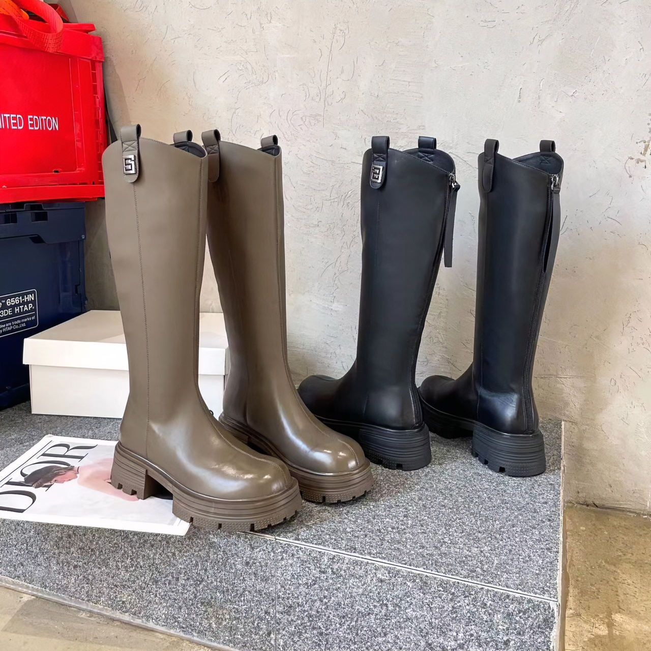 韩版2023秋冬新款圆头高筒靴厚底松糕长靴时装靴工装靴女鞋潮3615