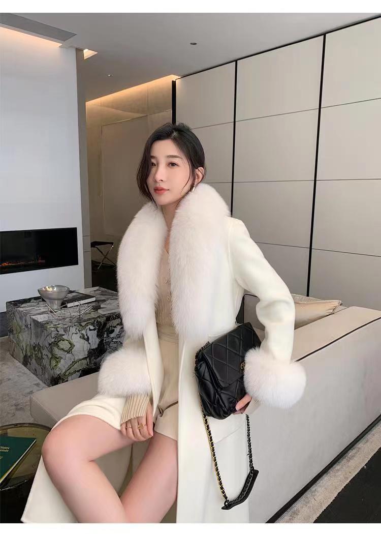 【婧婧专享】白色粉色超大狐狸毛领双面羊毛大衣外套修身显瘦中长款