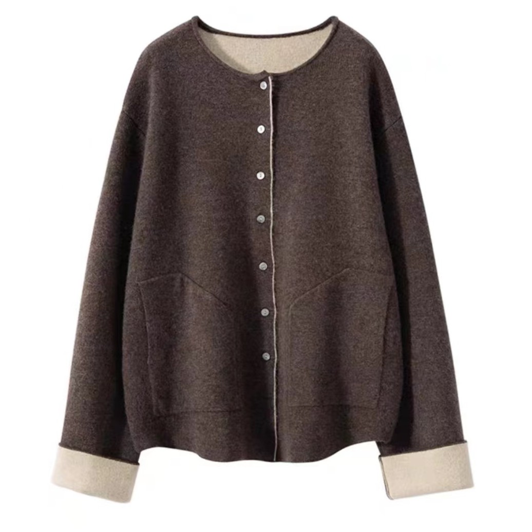 100%羊绒圆领外套女短款加厚气质高端纯色羊绒开衫双面小小织开衫