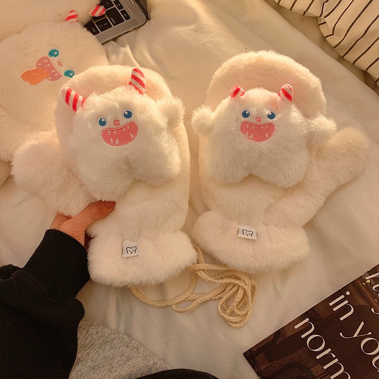 小怪兽毛绒手套女冬季可爱秋冬季毛茸茸保暖学生骑车连指冬天围巾