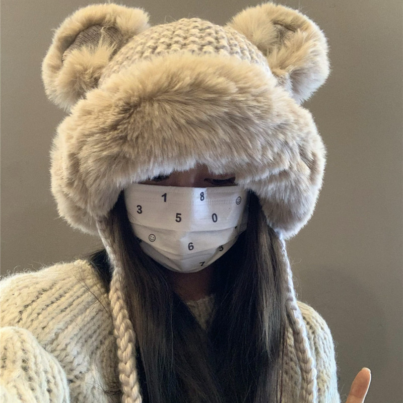 帽子女冬季可爱毛绒小熊针织帽加绒加厚保暖护耳大头围百搭毛线帽
