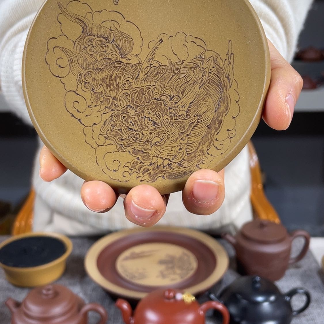 【闪购商品】紫砂茶壶古***客盖置刻绘