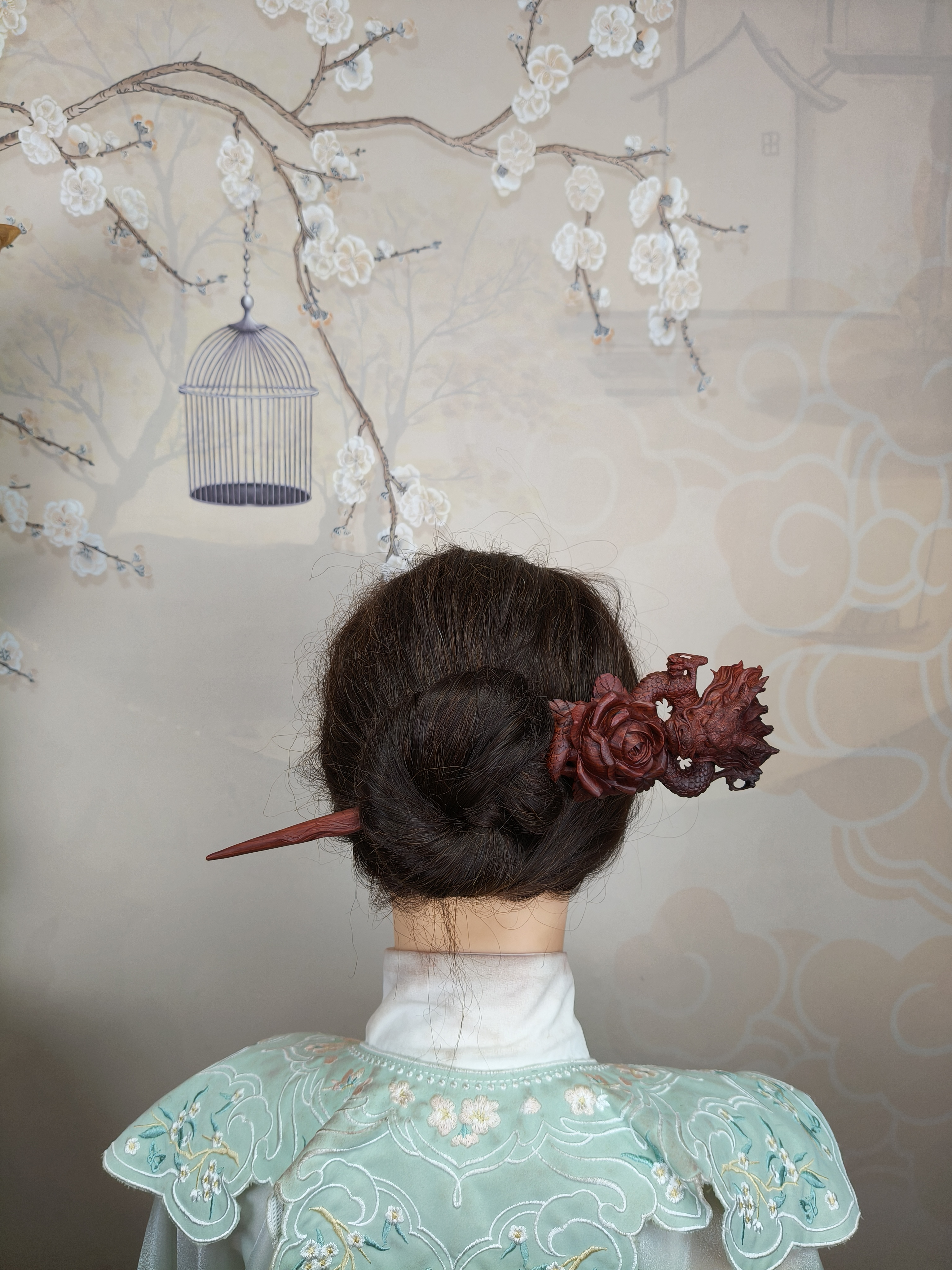 非洲小叶紫檀纯手工雕刻盘龙玫瑰霸气款盘发簪子百搭