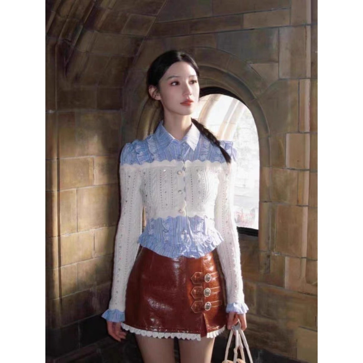 【DÉ MYSTÈRE】拉拉家学院风蓝白拼接针织衬衫+高腰裤裙GFC2310211