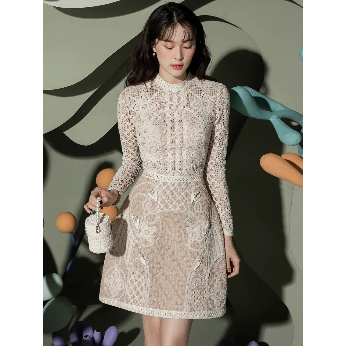 【DÉ MYSTÈRE】小众设计师名媛气质蕾丝拼色修身长袖连衣裙GSEN572