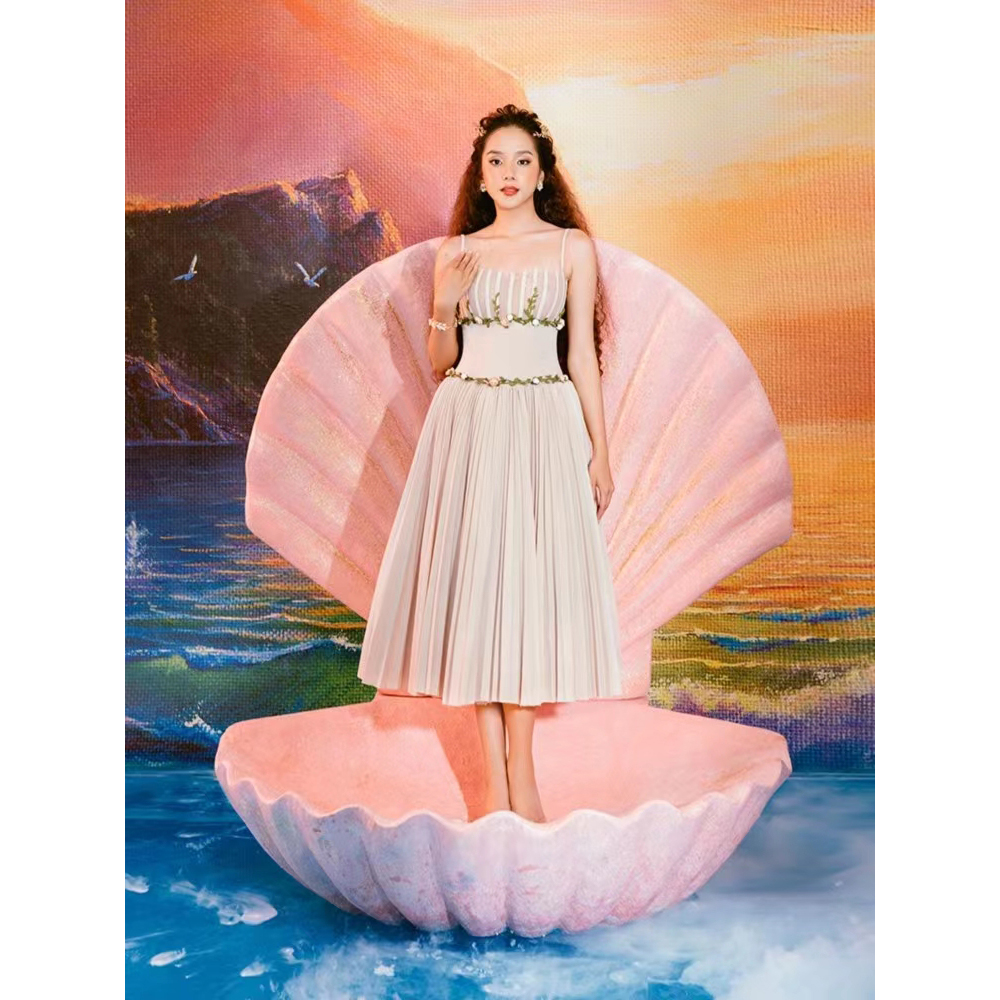 【DÉ MYSTÈRE】小众重工立体花朵鱼骨百褶吊带长裙 GXBHES22209