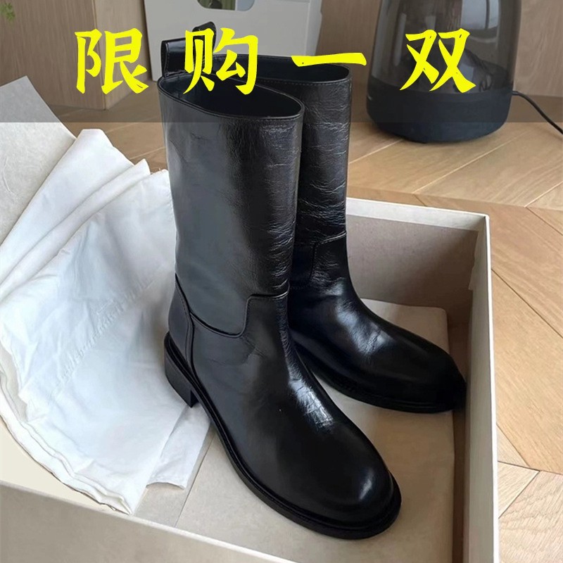 百丽纯爱全牛皮~2023年秋冬新款复古宽筒中筒西部靴真皮马丁靴
