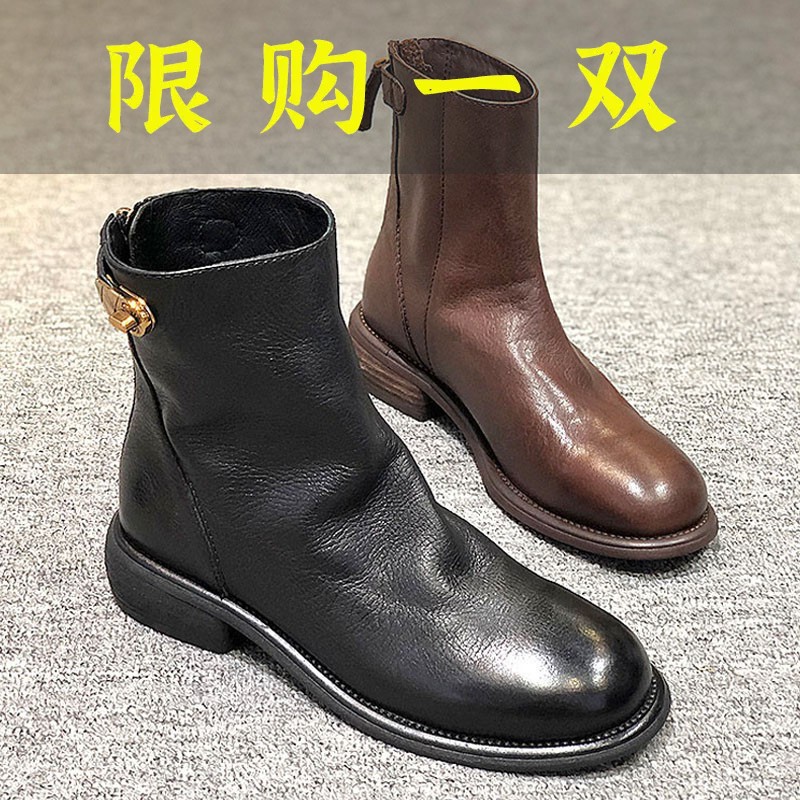 百丽纯爱女鞋2023秋季新款真皮英伦风复古圆头后拉链短靴平底马