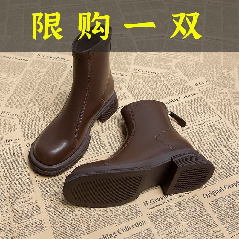 百丽纯爱国潮秋冬今年流行小短靴女粗跟百搭小踝靴超火瘦瘦靴20