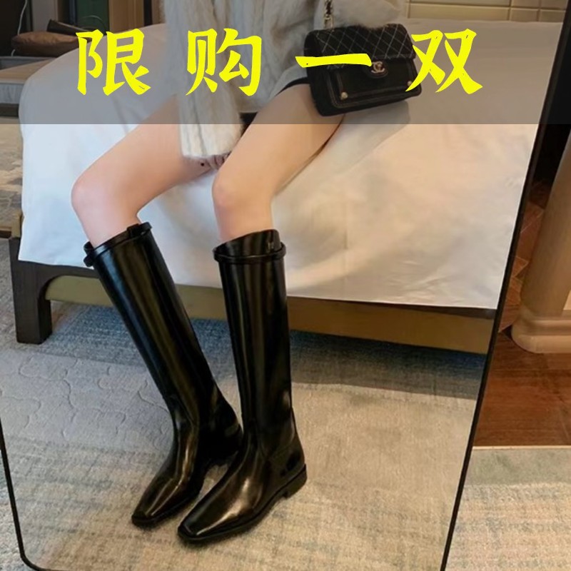 百丽纯爱葡萄妈显瘦皮带扣不过膝粗跟厚底长筒靴女骑士靴方头长