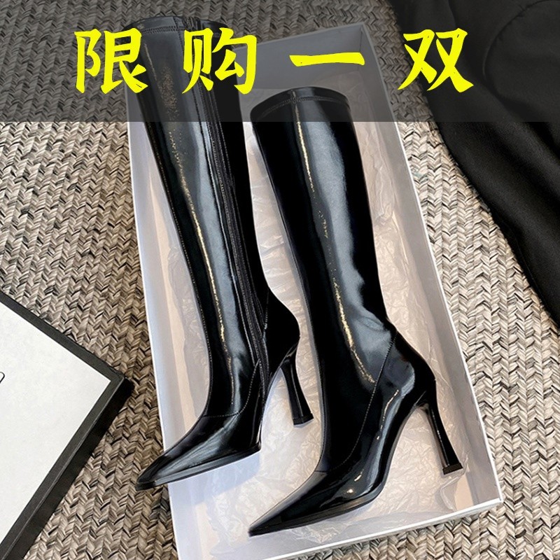 百丽纯爱高跟长筒靴女冬季加绒靴子尖头细跟黑色高跟鞋瘦腿长靴