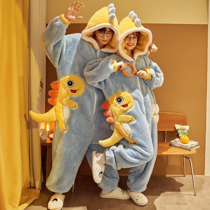 【又慕精选】情侣连体睡衣女冬天加厚加绒珊瑚绒恐龙拉链男女款毛