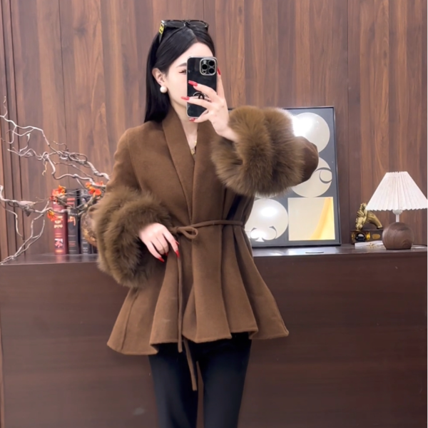 璐璐定制-- 冬季新款时尚高端双袖狐狸毛双面长毛羊绒大衣