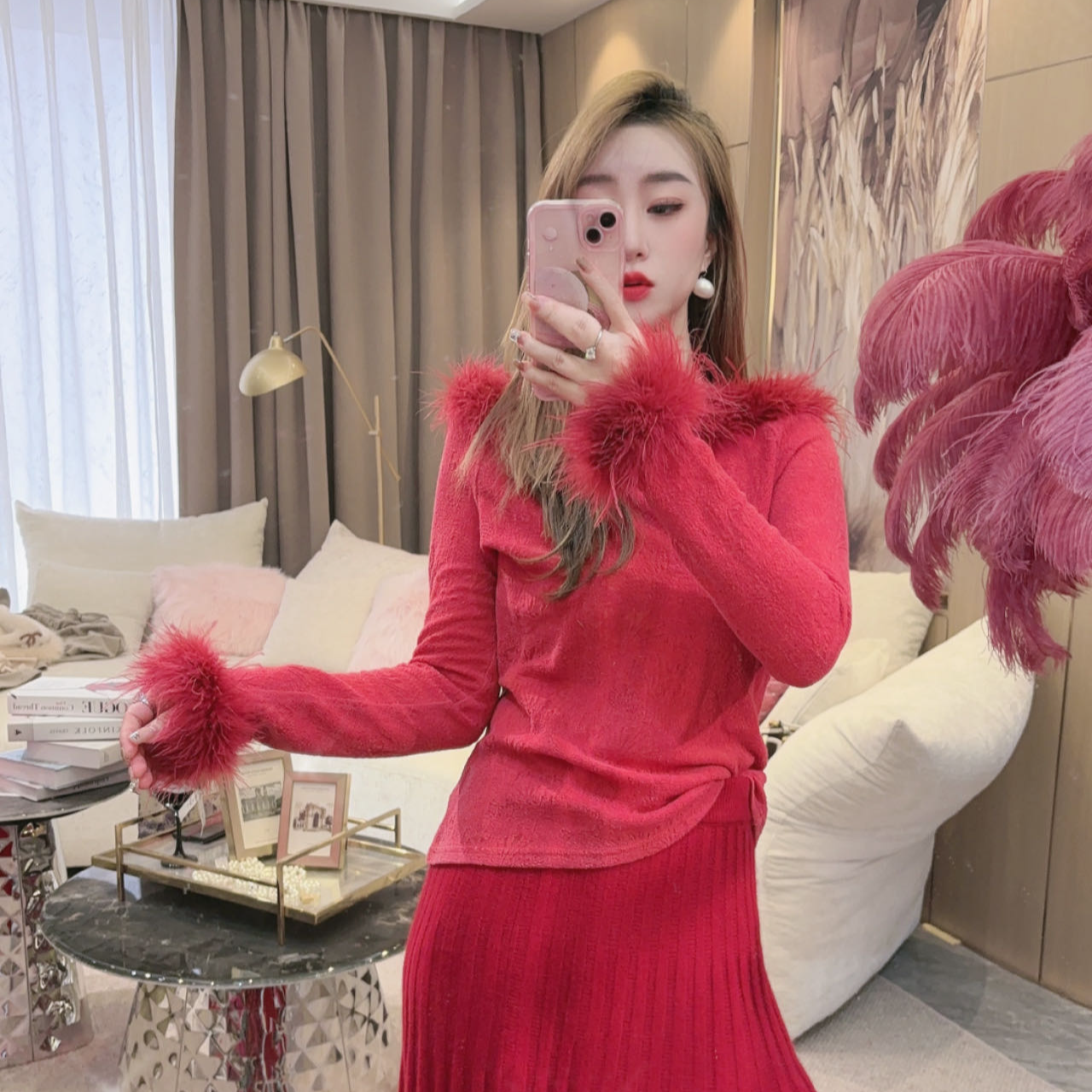 【DC品牌女装】 梦语红高级定制款 毛毛领袖时尚羊毛衫