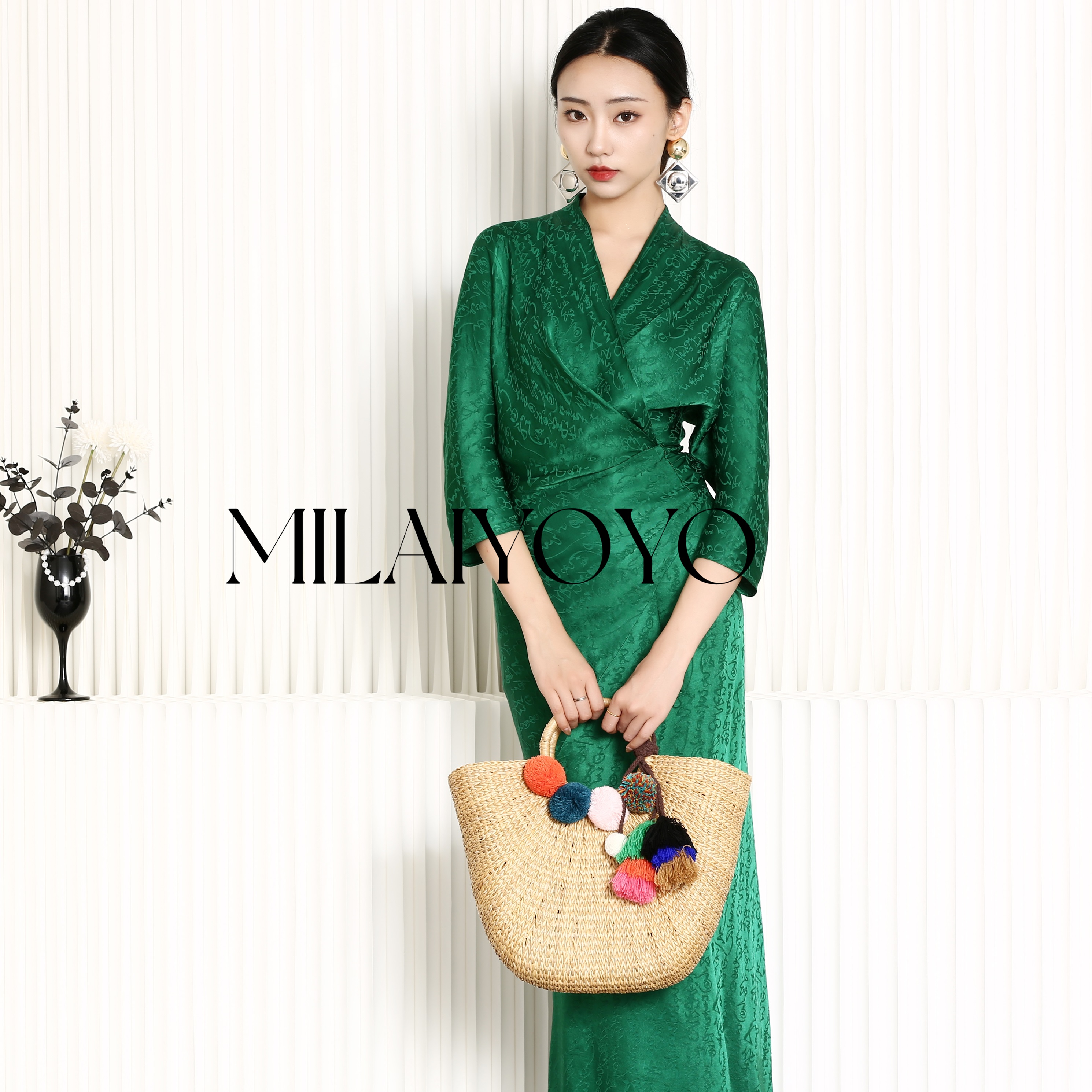 芈莱尤优——绿光森林裹身绑带提花连衣裙B24-1023