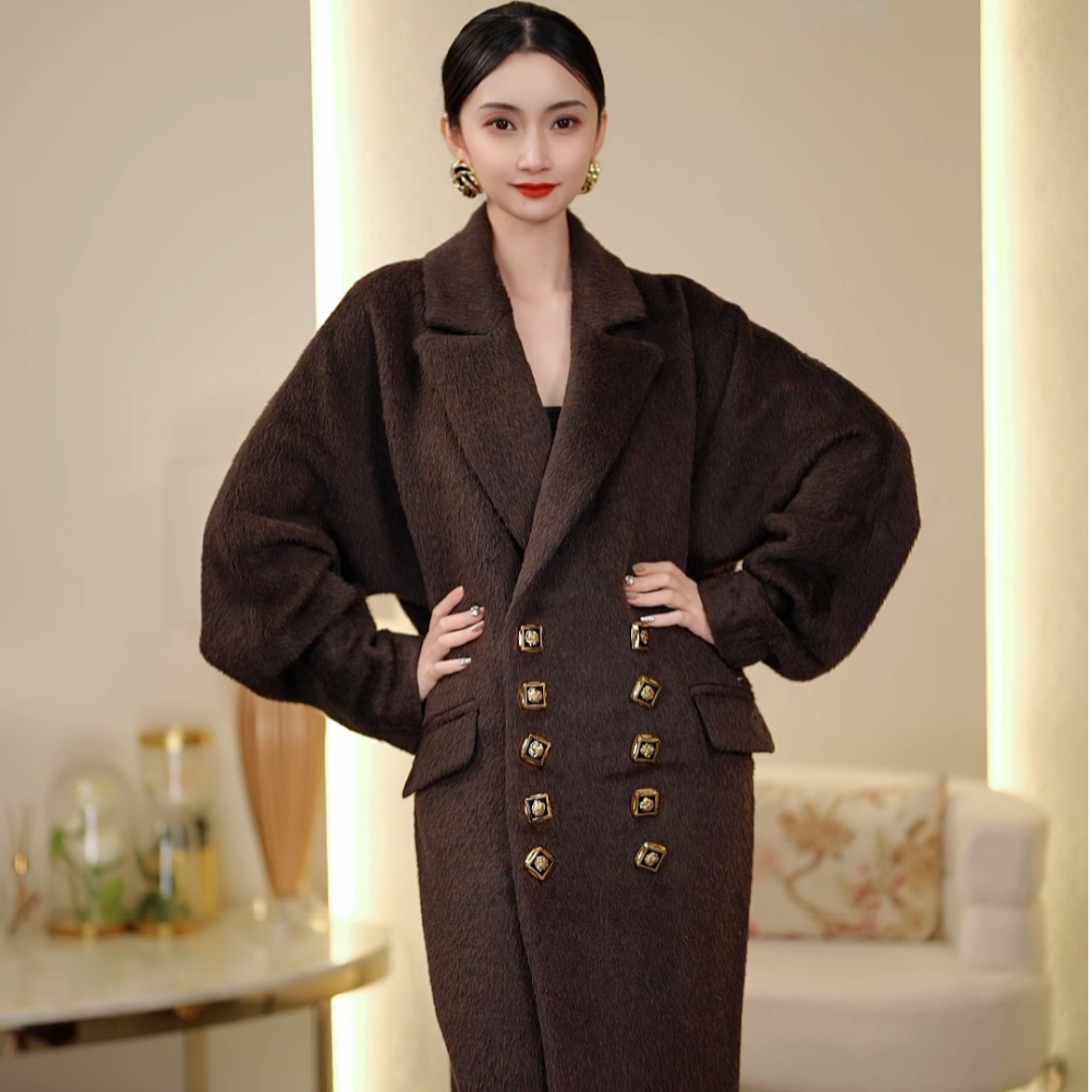 芈莱尤优——新款「焦糖摩卡」双排扣茧型大衣F22-625
