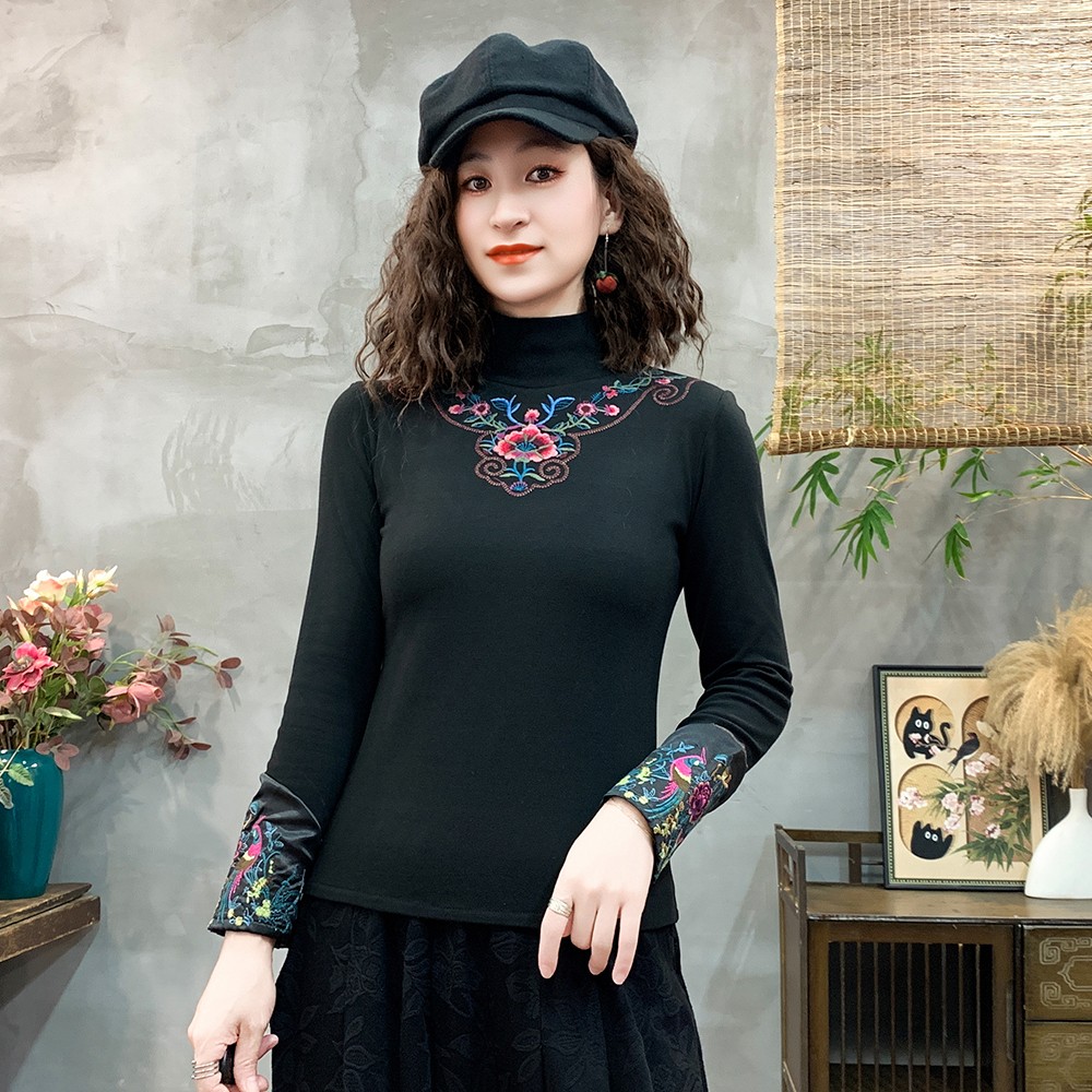 秋冬新款中式国风加绒加厚半高领保暖打底衫重工刺绣复古长袖T恤