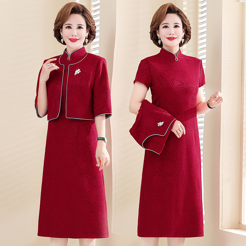 妈妈春秋装旗袍披肩连衣裙洋气高贵婚宴礼服两件套中老年裙子红色