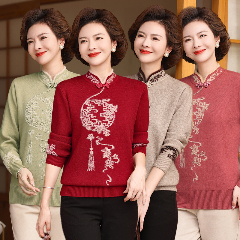 妈妈加绒打底秋冬中老年洋气毛衣加厚国风上衣一体旗袍领保暖针织