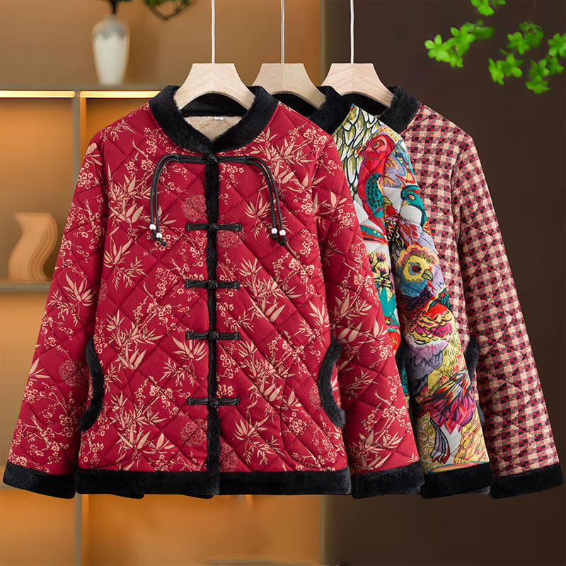新款妈妈冬季加绒棉袄中老年人盘扣复古保暖棉服洋气碎花加厚棉衣