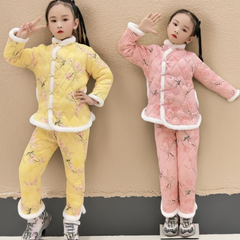 女童棉衣套装洋气中大童汉服加绒加厚棉袄拜年服唐装棉服中国风冬