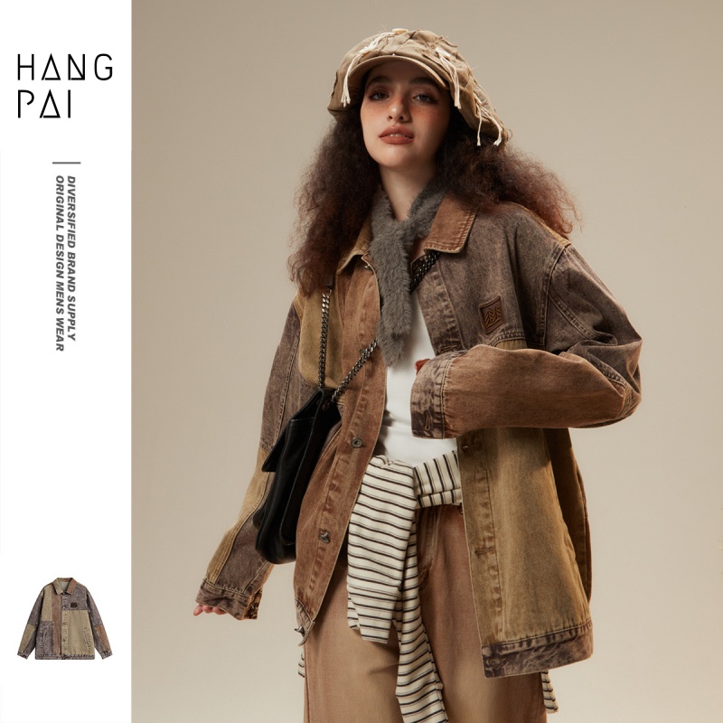 STIWAUP国潮美式重磅拼接水洗牛仔夹克翻领宽松工装外套男女J322