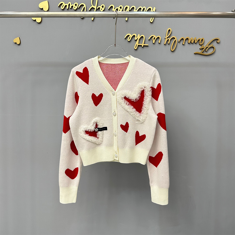 【119 】|殴+|爱心提花针织开衫外套女秋冬新款V领收腰毛衣