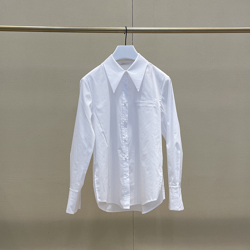 【361】白色内搭上衣女秋季中长款大尖领宽松衬衫衬衣