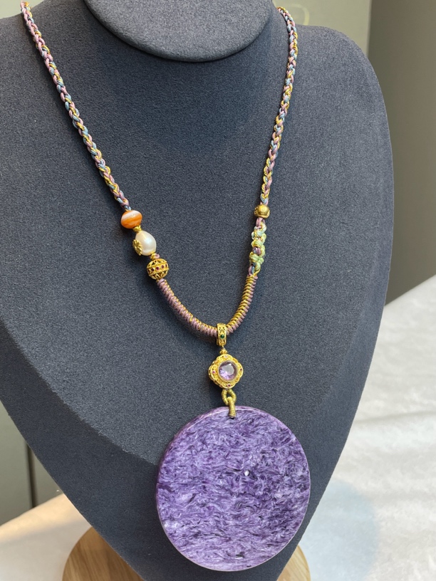 02#天然紫龙晶设计款圆牌编绳项链毛衣链吊坠