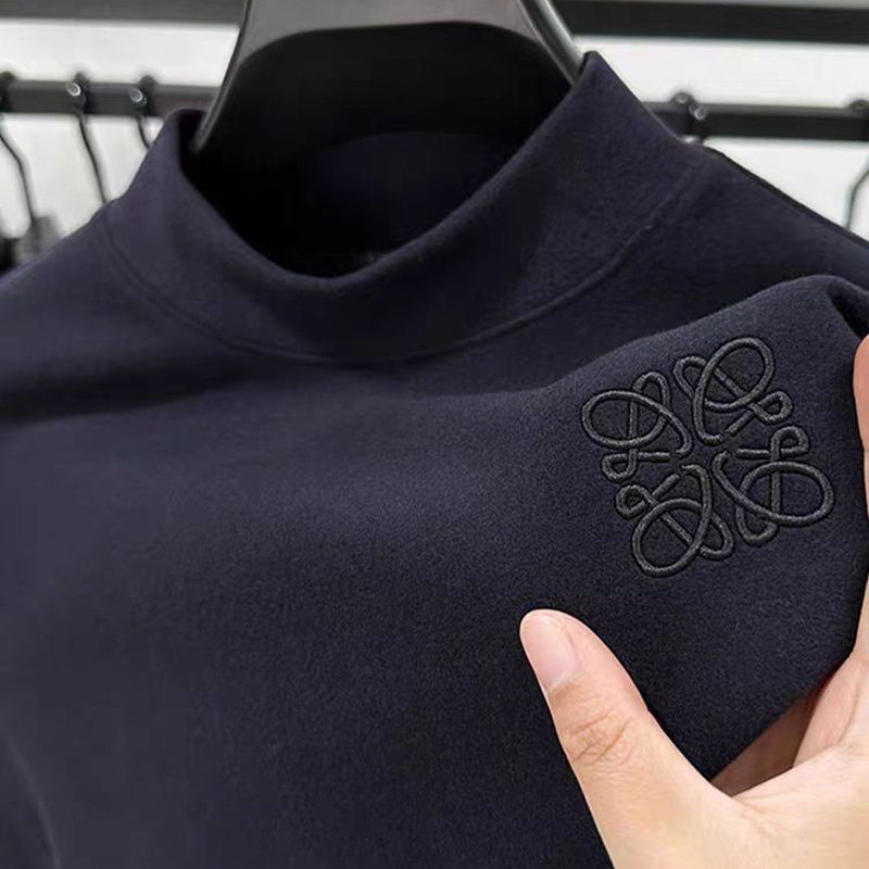 秋冬德绒半高领刺绣长袖T恤男士打底衫双面加绒加厚磨毛保暖内搭