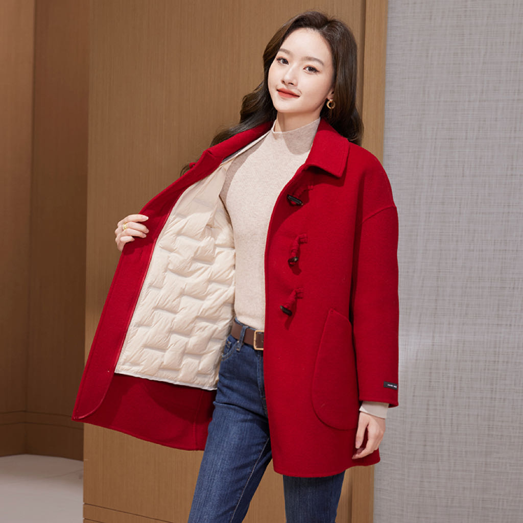 可拆卸内胆加厚羽绒羊毛大衣中长款女羊毛大衣冬季时尚过年款大衣