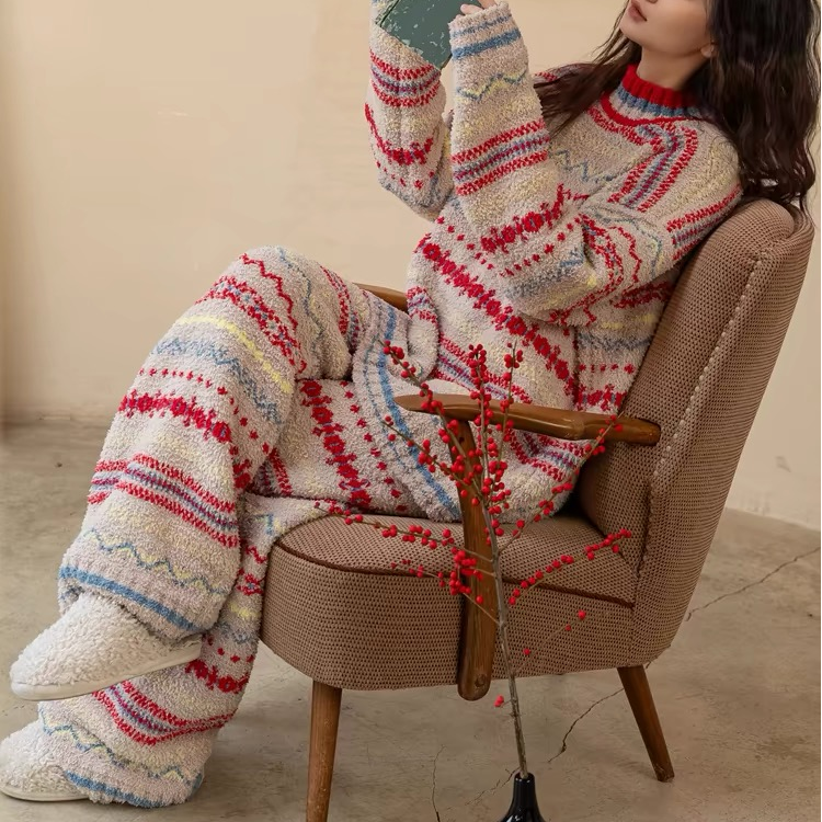 半边绒家居服女秋冬季新款可外穿新年红色复古套装睡衣圣诞节衣服