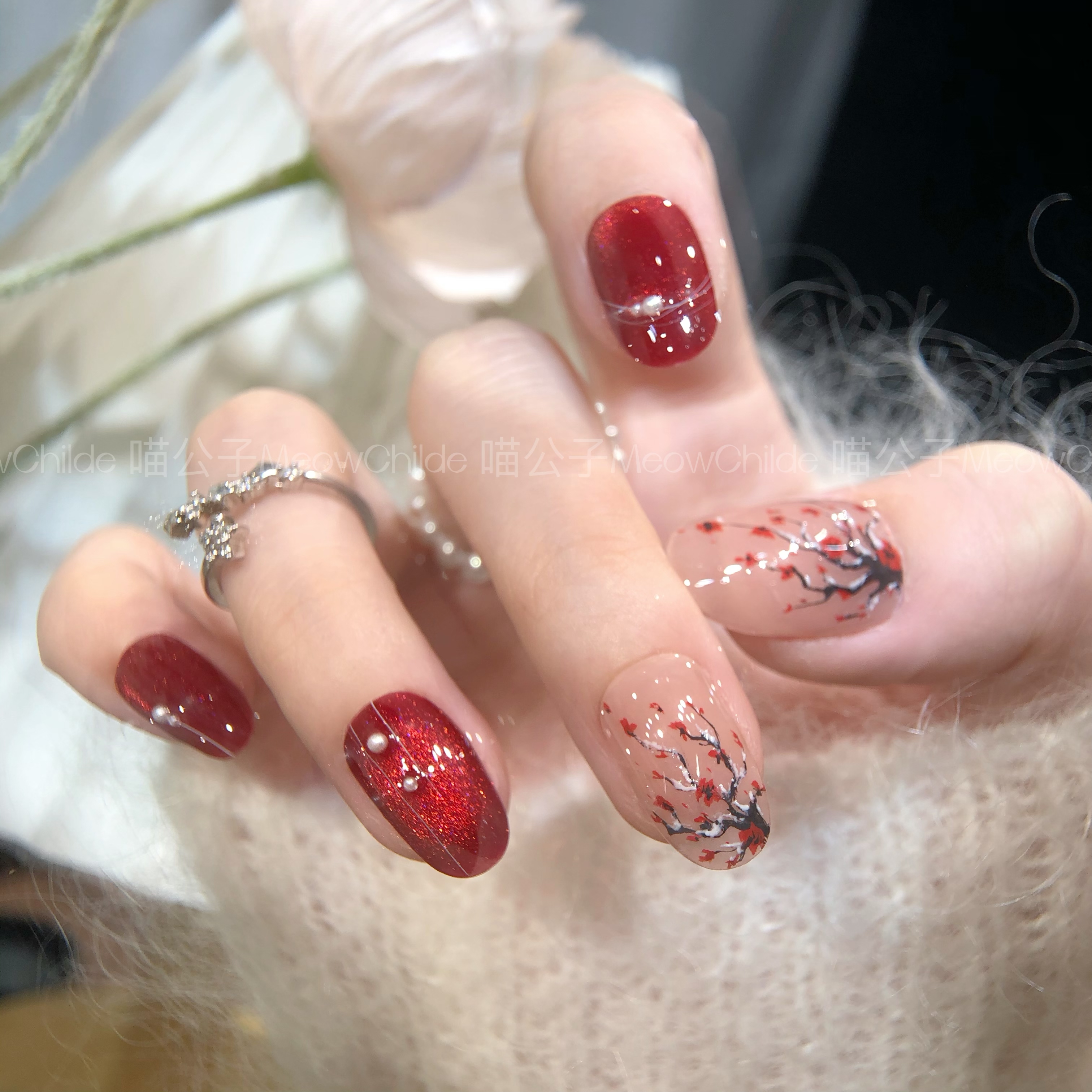 喵公子【红梅映雪】【设计师水彩款】纯手工穿戴甲可拆卸美甲光疗甲