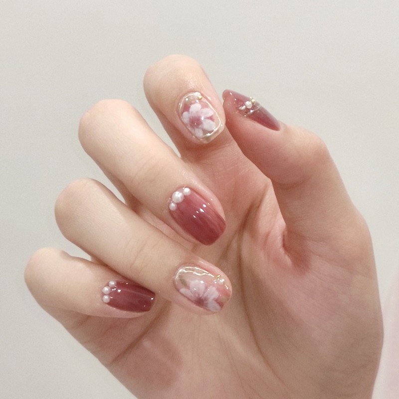 喵公子【南柚红冰茶花珍珠 】纯手工穿戴甲可拆卸美甲光疗甲