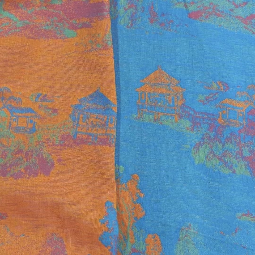 亭台楼阁-深蓝2.5米幅宽纯棉双层纱面料双面提花床单多功能