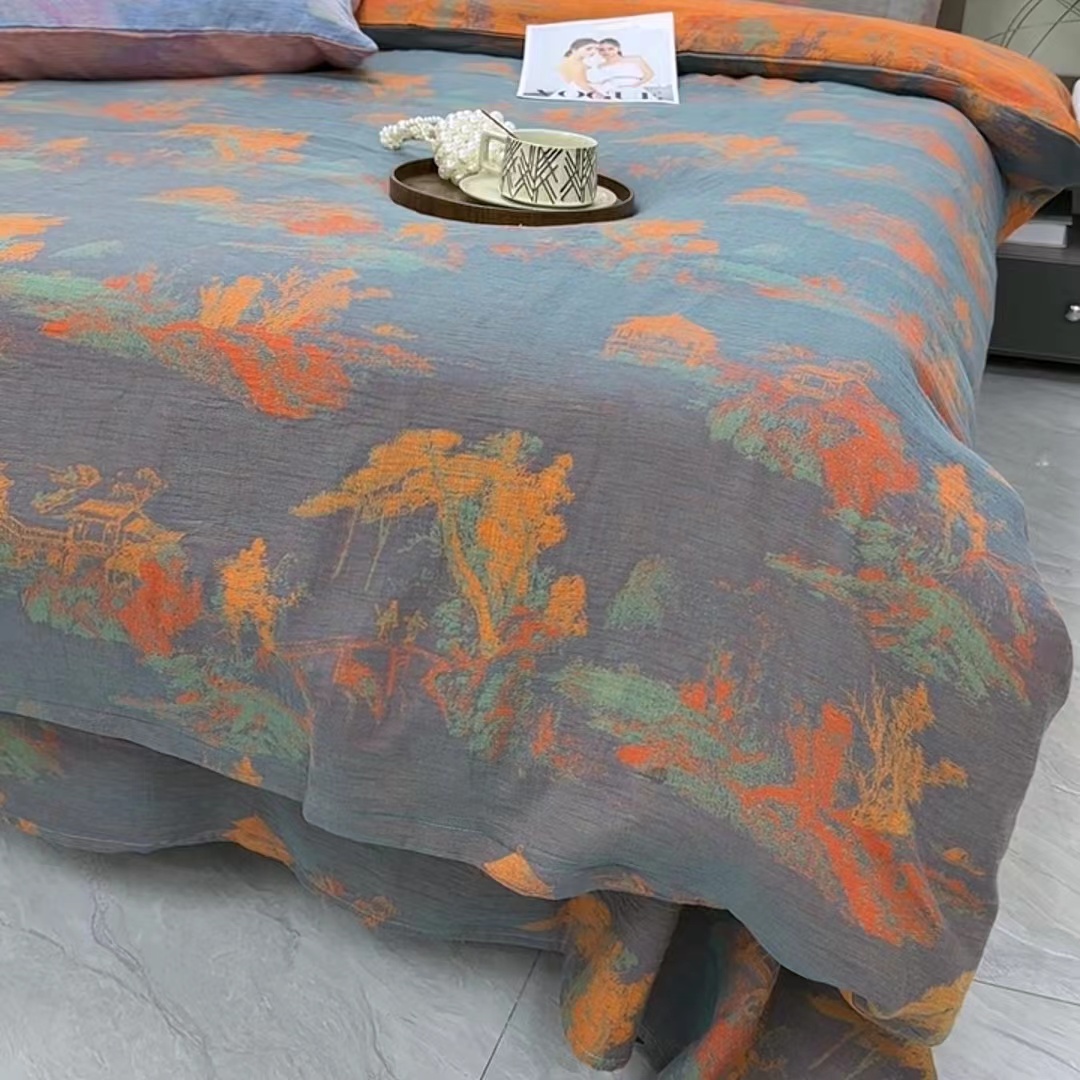 亭台楼阁-灰橘  2.5米长  幅宽2.55米 纯棉双层纱提花布头