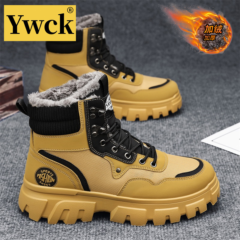 YWCK男鞋春季加绒加厚保暖高帮棉鞋男士休闲英伦风增高百搭工装靴