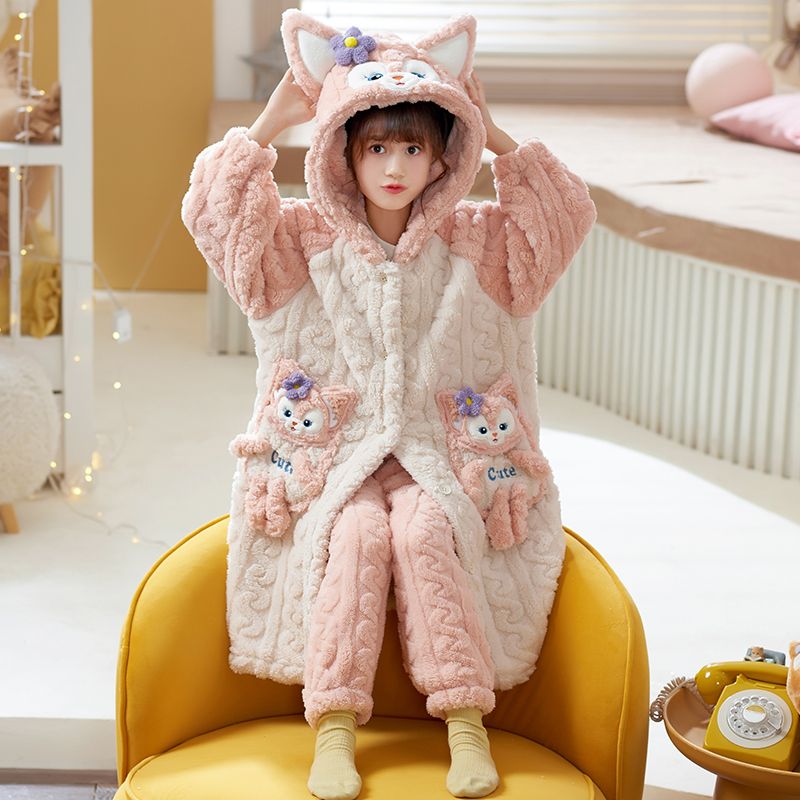 秋冬爆款儿童睡衣女童秋冬季加厚款套装中大童外穿连帽长款加绒