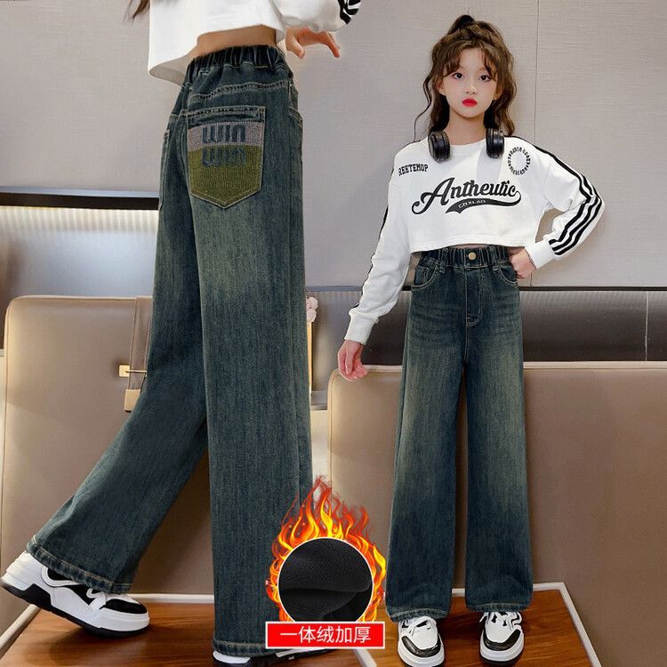 秋冬爆款加绒加厚女童加绒一体绒裤子牛仔裤女大童直筒显瘦阔腿裤