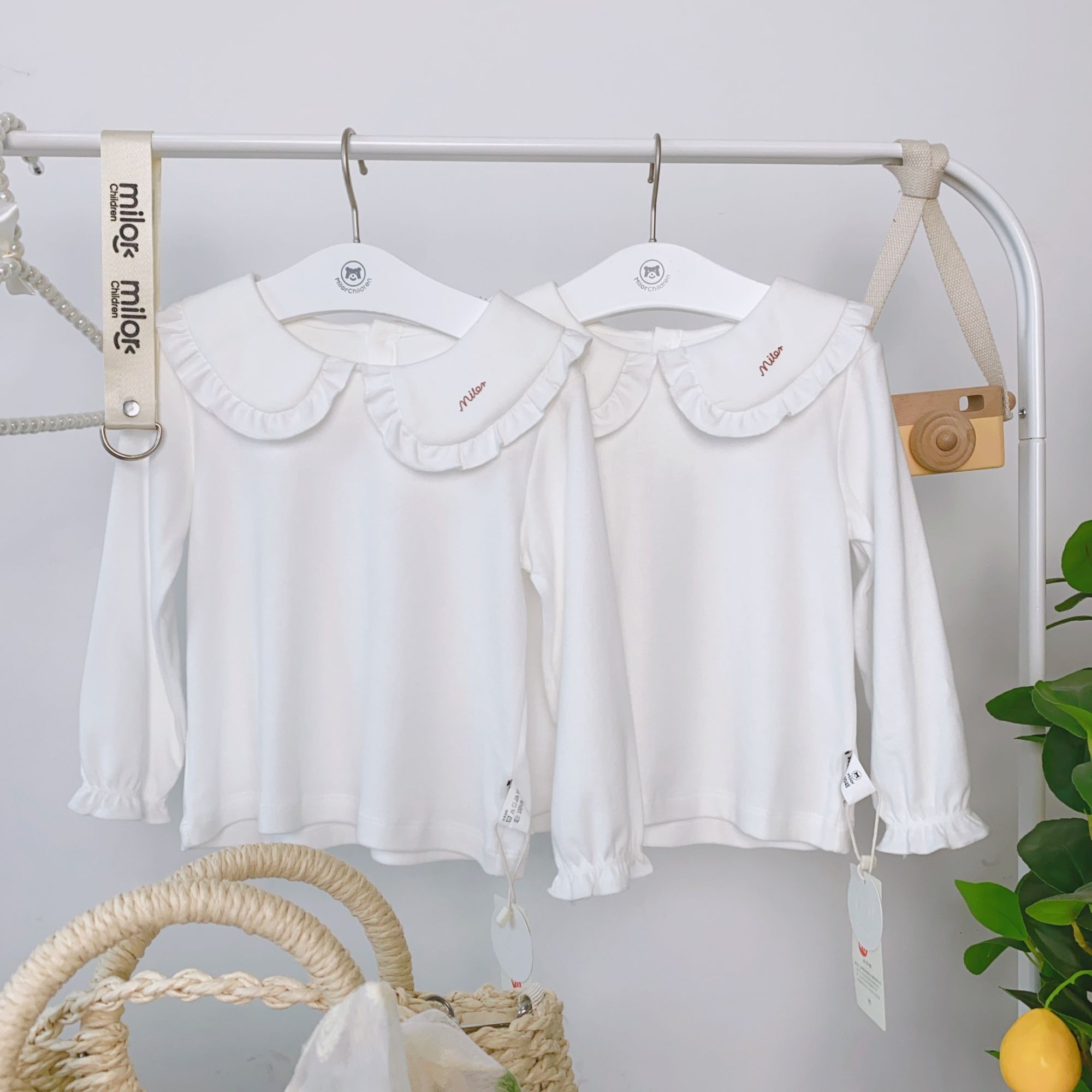 22083米乐熊 女宝长袖衬衫上衣儿童童装春秋纯色打底娃娃领翻领