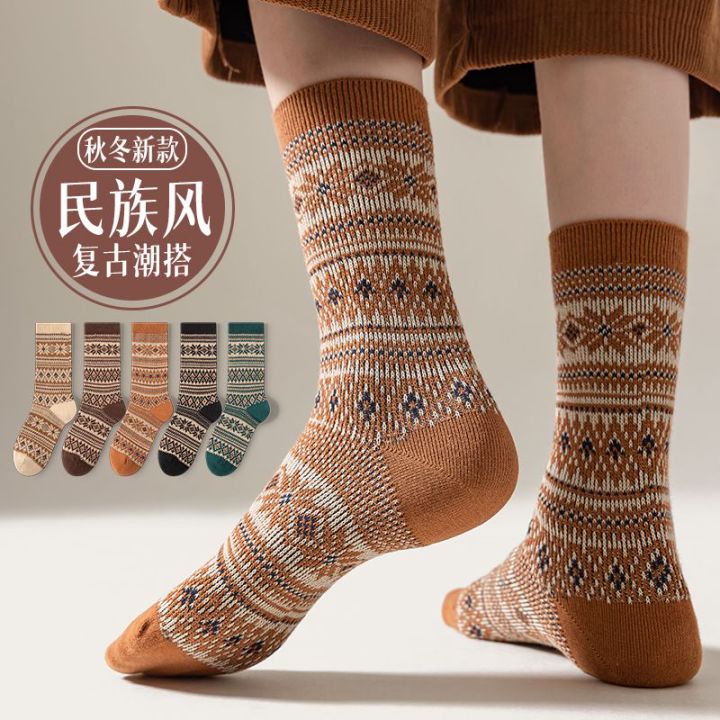 双针双路袜子公园复古名族风女士中长筒秋冬季长袜堆堆袜