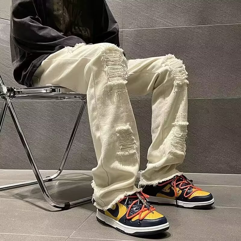 破洞毛边牛仔裤男款春夏季ins修身直筒裤潮牌潮流高街中腰休闲裤