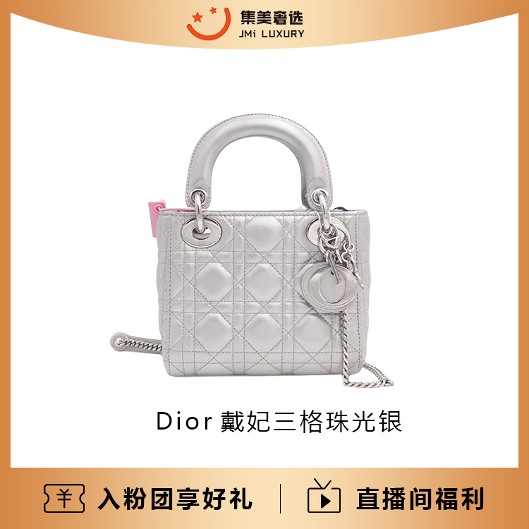 95新 DIOR/迪奥 戴妃三格珠光灰银时尚包 /97新/AM2649
